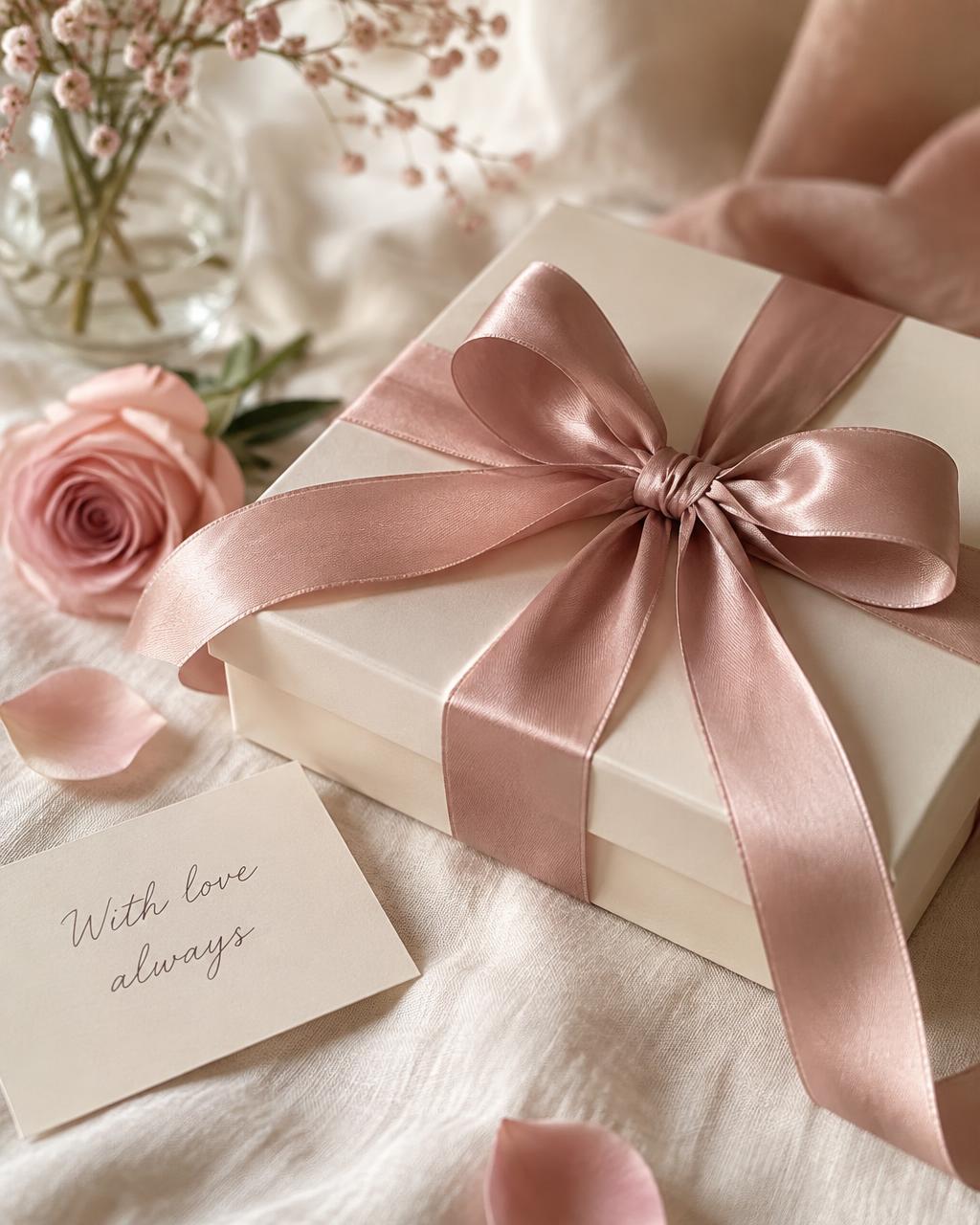 Kotak kado krem diikat pita satin dusty rose, dengan kartu bertuliskan with love always