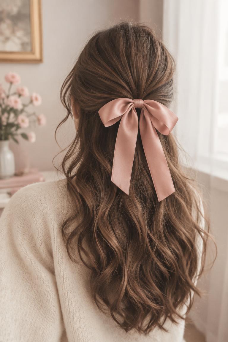 Rambut panjang bergelombang diikat pita satin dusty rose