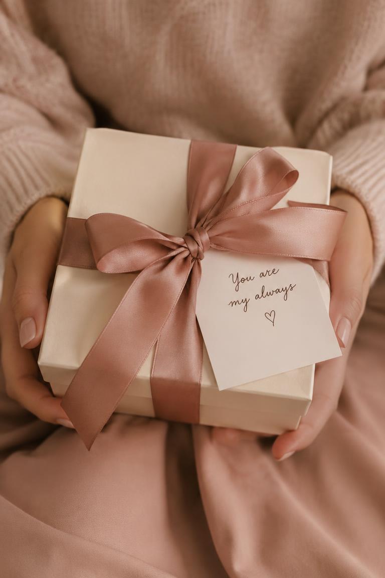 Tangan memegang kotak kado yang diikat pita rose dengan kartu ucapan