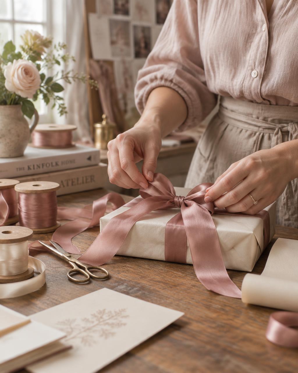 Tangan Olivia mengikat pita satin rose di atas kado, dikelilingi gulungan pita dan gunting